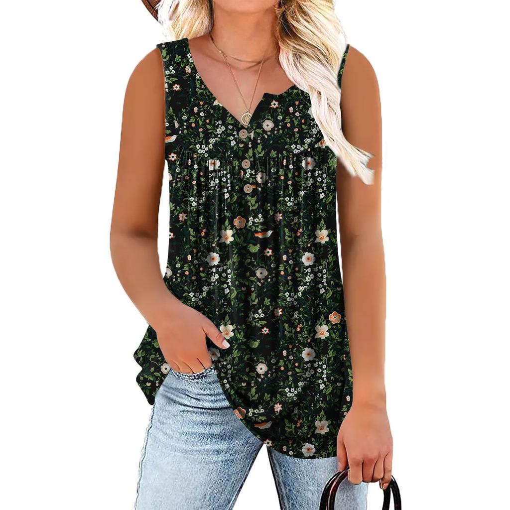 Ladies Summer New Fashion Casual Round Neck Button Sleeveless Small Floral Casual Tops