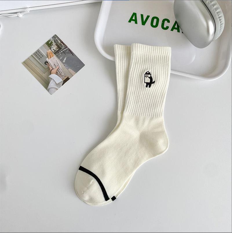 Unique Black & White Embroidered Cartoon Mid-Calf Cotton Socks for Street Style