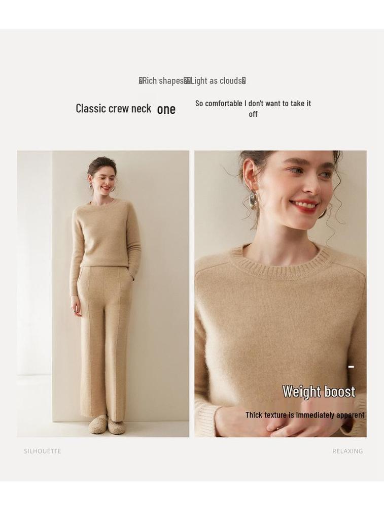 Women's Pure Cashmere Round Neck Sweater - Thickened Knit Pullover, Saddle Shoulder, Autumn/Winter Base Layer.