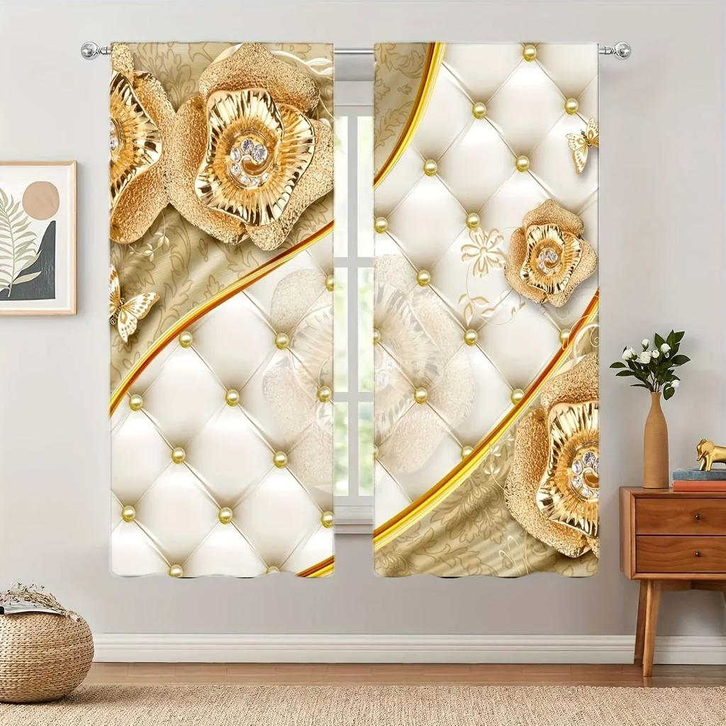 3D 2pcs Golden Peacock Curtain Study Room Kitchen Living Room Rod Pocket Top Window Drap Bedroom Accessories Room Decor Home Dec