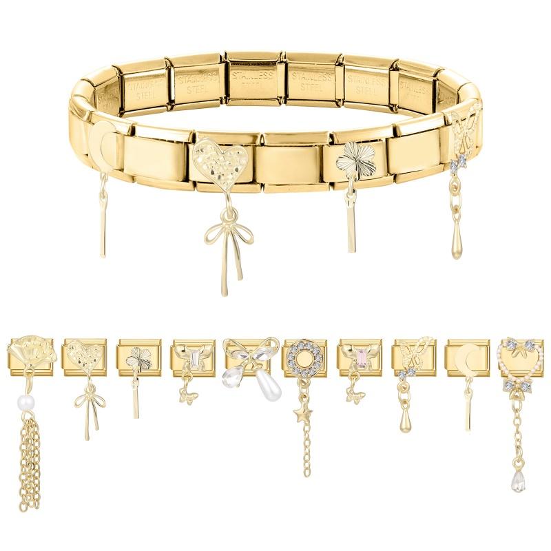 Wholesale Heart Butterfly Bow Flower Chain Pendant Golden Italian Charm Fit 9MM Stainless Steel Bracelet Women DIY Jewelry Gift