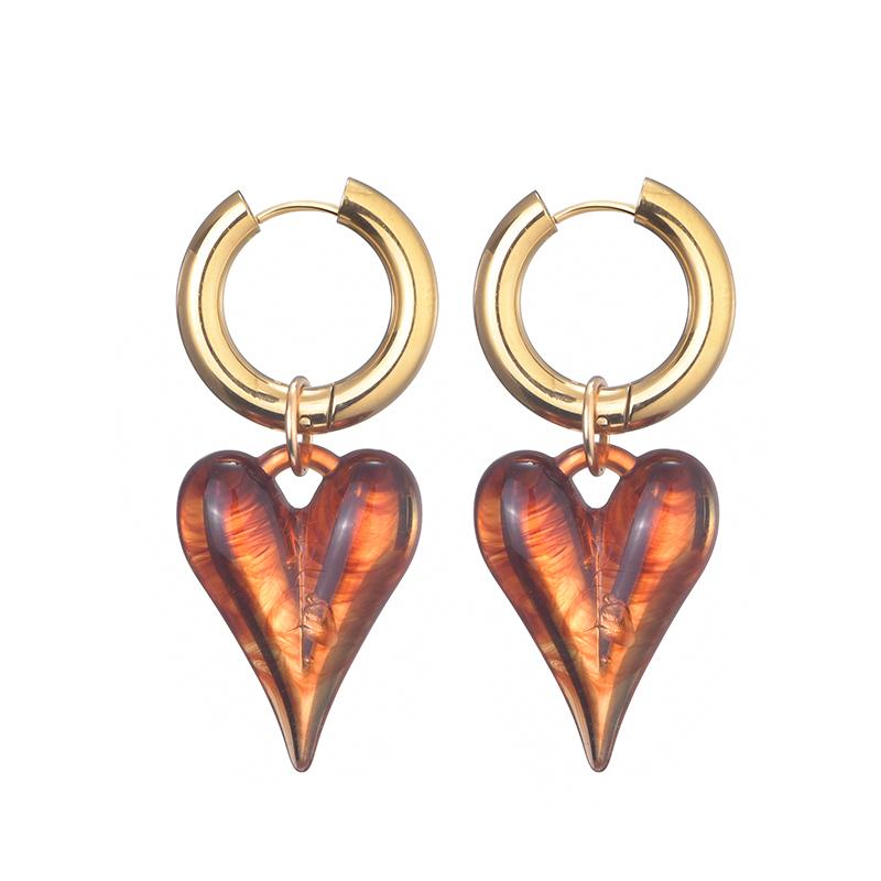 New Fashion Acrylic Resin Leopard Heart Pendant Hoop Earrings Woman Gold Color Thick Stainless Steel Ear Buckle Female Jewelry