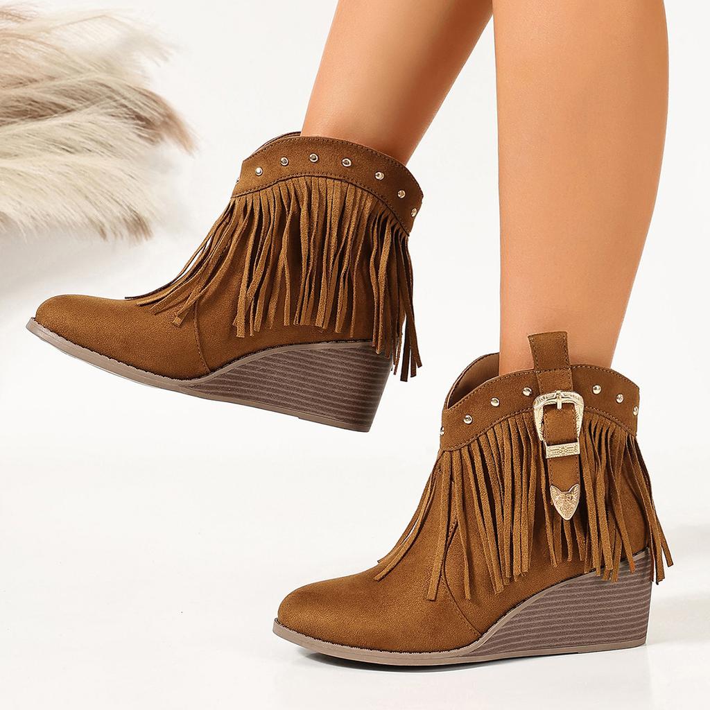 Recommended Short Boots Women'S Round Head Wedge Heel Heightened Metal Belt Buckle Fringed Fashion Short Boots Early Autumn Women'S Boots