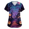 Womens V Neck Short Sleeve Work Shirt Side Slit Pockets Halloween Print Top Casual Comfortable Fit