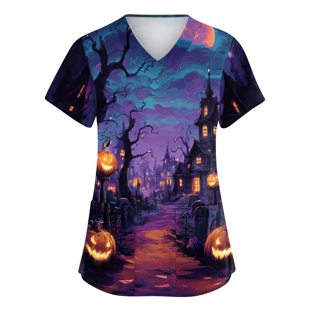 Womens V Neck Short Sleeve Work Shirt Side Slit Pockets Halloween Print Top Casual Comfortable Fit