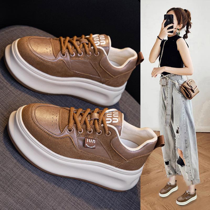 Leather retro little white shoes women's autumn new versatile thick-soled heightening casual shoes muffin sneakers board shoes