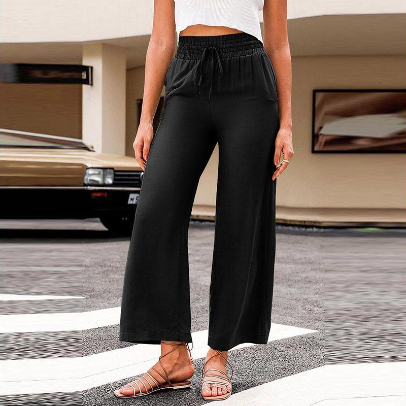 

2024 Early Autumn Thin Type Drawstring Casual Pants Women s Fashion Style Fashion All-Match Smocking Wide Waist Head Ladies Wide Leg Pants Black Size S(Suitable (45.00 kg-55.00 kg)