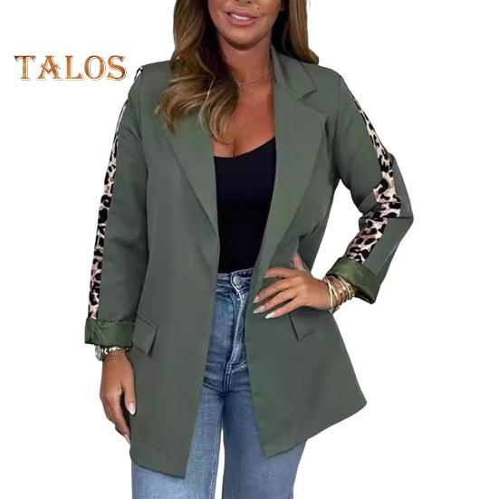 Women Suit Coat Lapel Leopard Stitching Long Sleeve Open Front Suit Jacket with Flap Pockets Business Formal Outwear