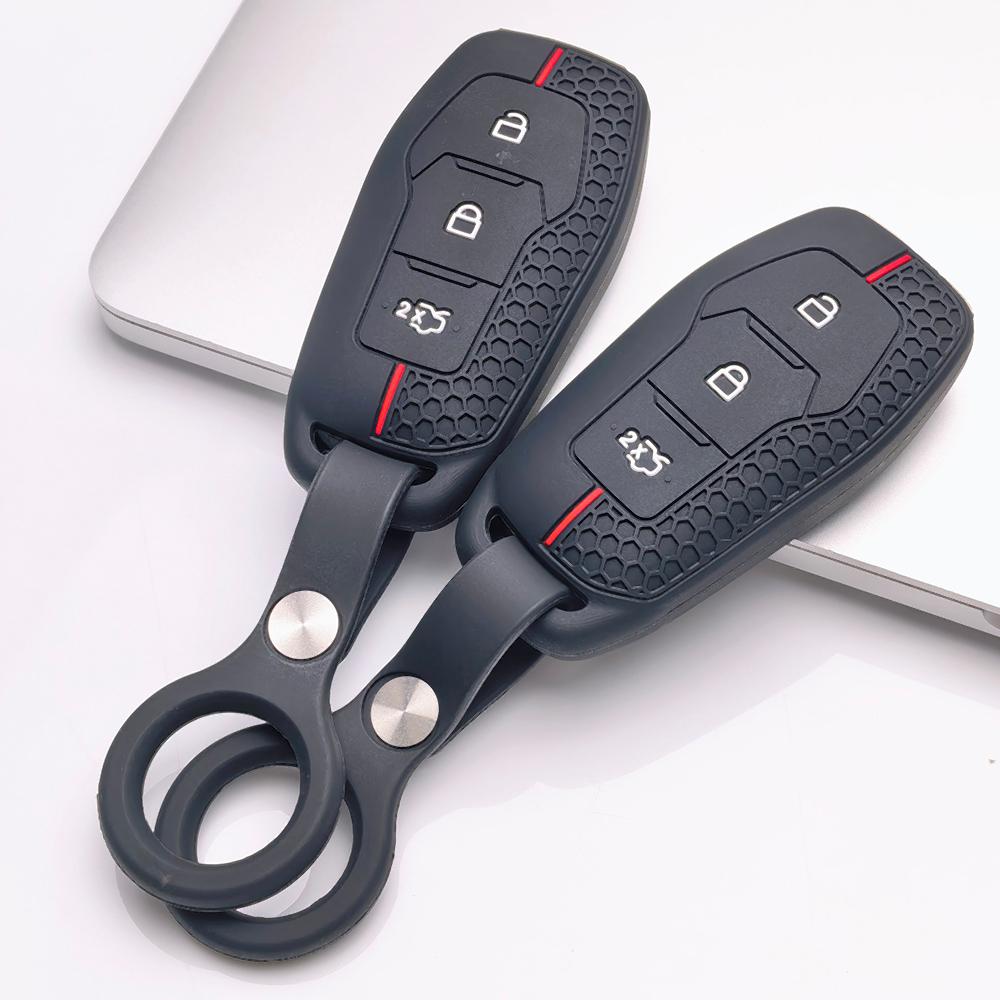 Silicone Key Cover with Keychain for Ford 3 Button Smart Key, Fits Ford Focus Mondeo Kuga Escape MK4 Mustang Against Non-Slip Honeycomb Grip