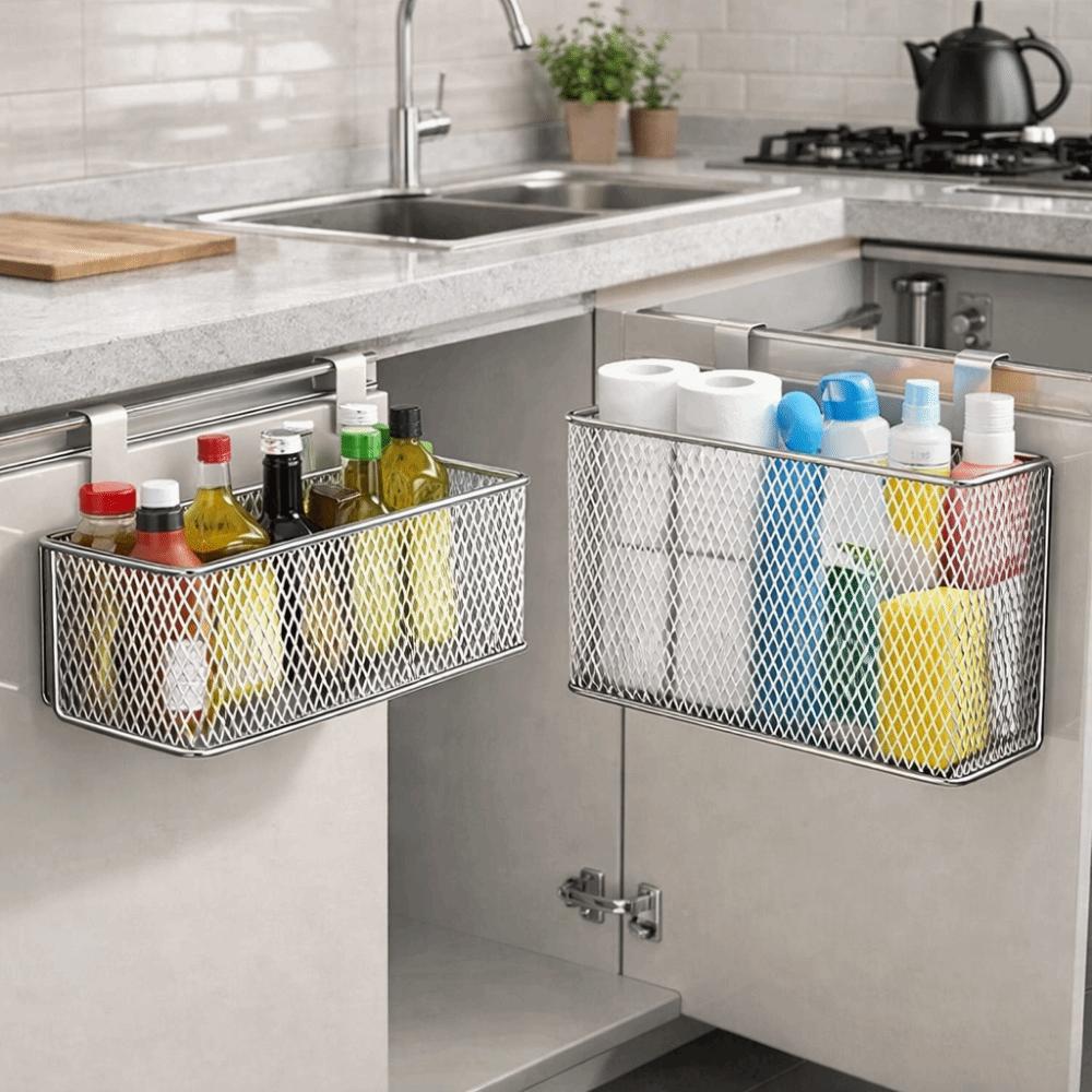 Carbon Steel Kitchen Hanging Basket No-Drill Space Saving Seasoning Organizer Wall Mounted Cling Film Storage Rack Bathroom