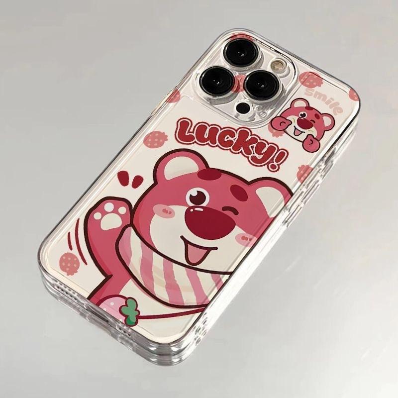Cartoon greeting strawberry bear applicable to Apple 15plus mobile phone case iPhone12promax transparent 14 niche