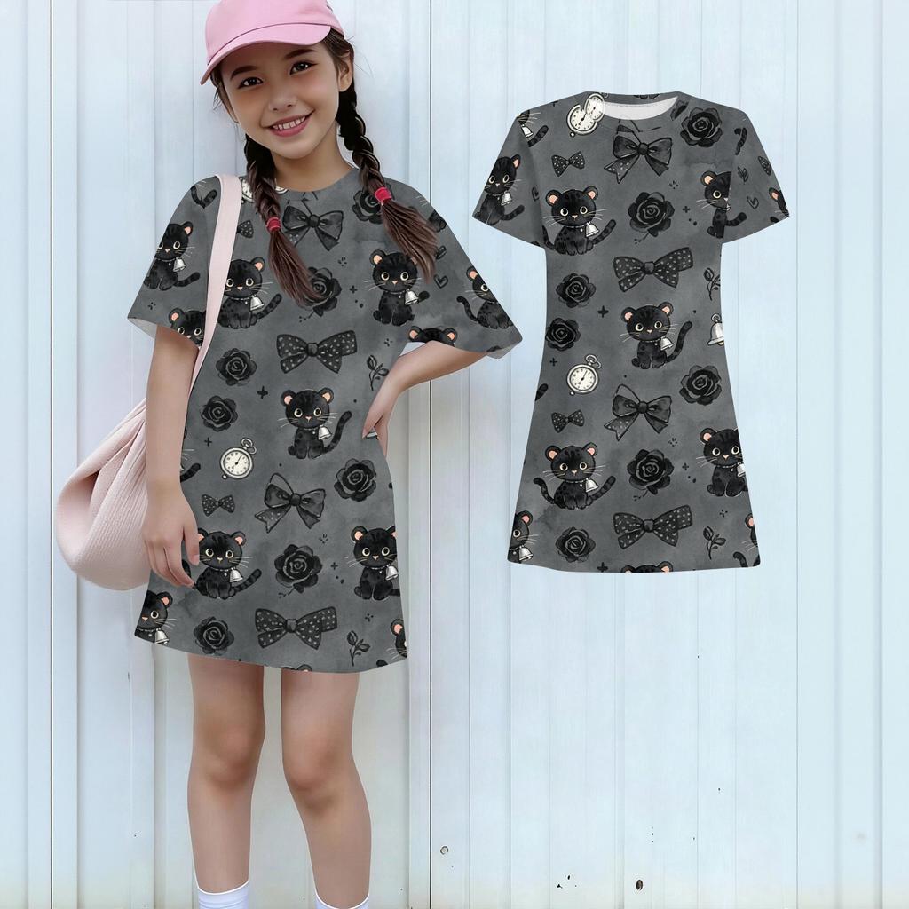 Girls Loose Fit Short Sleeve Dress Lightweight Cotton Animal Print Round Neck Kids Casual Summer Dress for Children