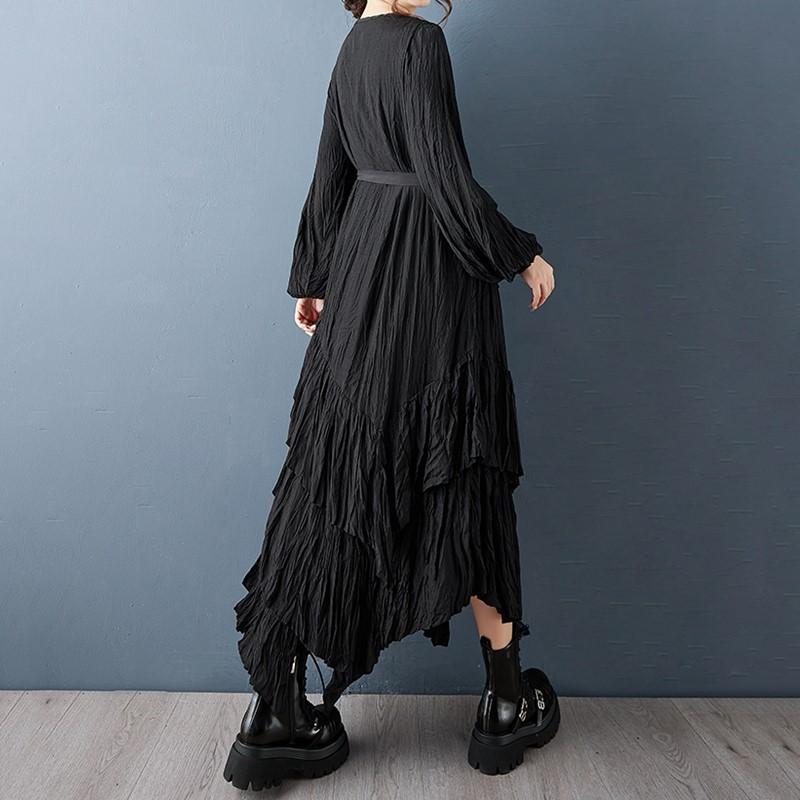 Long Sleeve Plus Size Black Vintage Pleated New In Dresses for Women Spring Autumn Casual Loose Dress