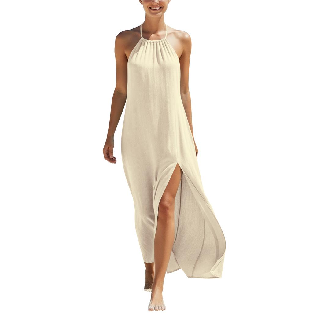 Sleeveless Halter Neck Maxi Dress with Backless Design and Side Slit Lightweight Beach Dress for Women Summer Casual Wear