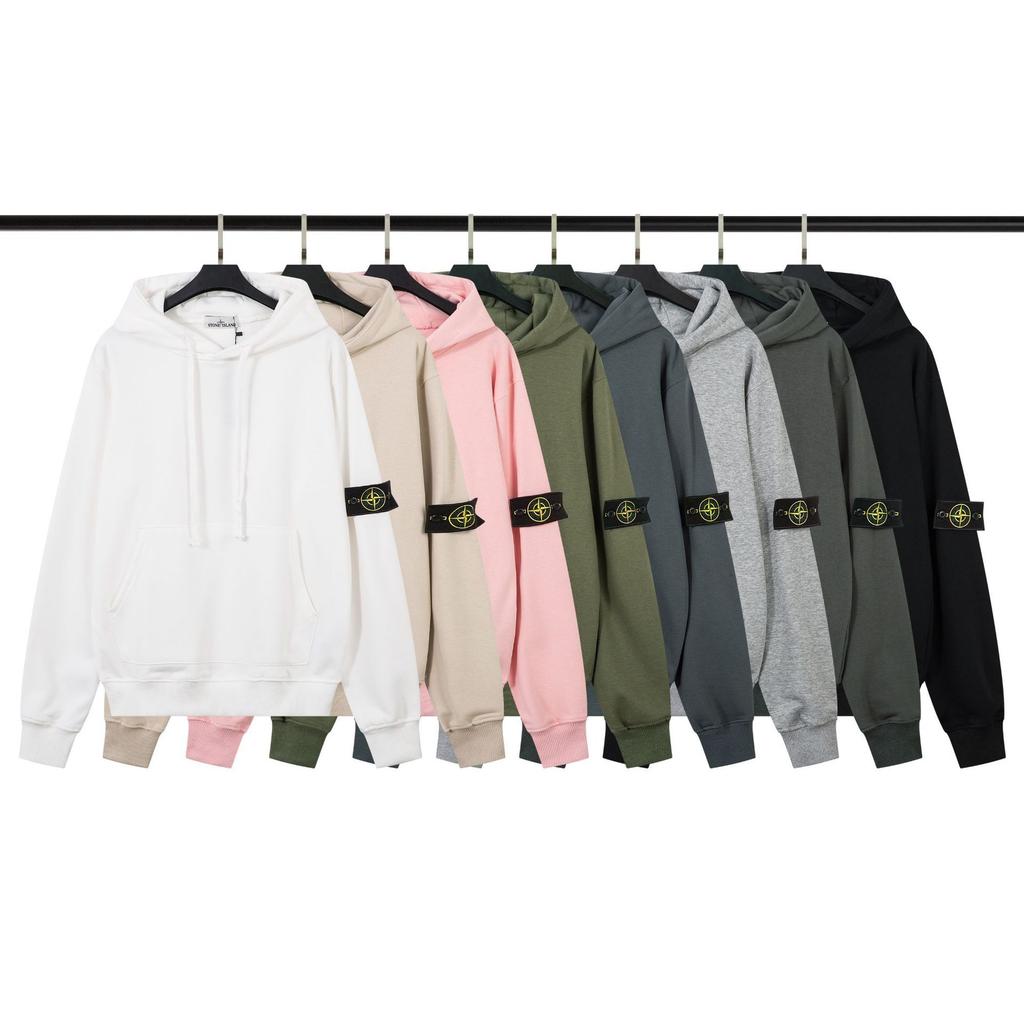 STON Basic Solid Color Compass Patch Fleece Hoodie Long Sleeve Pullover Sweatshirt for Men Women