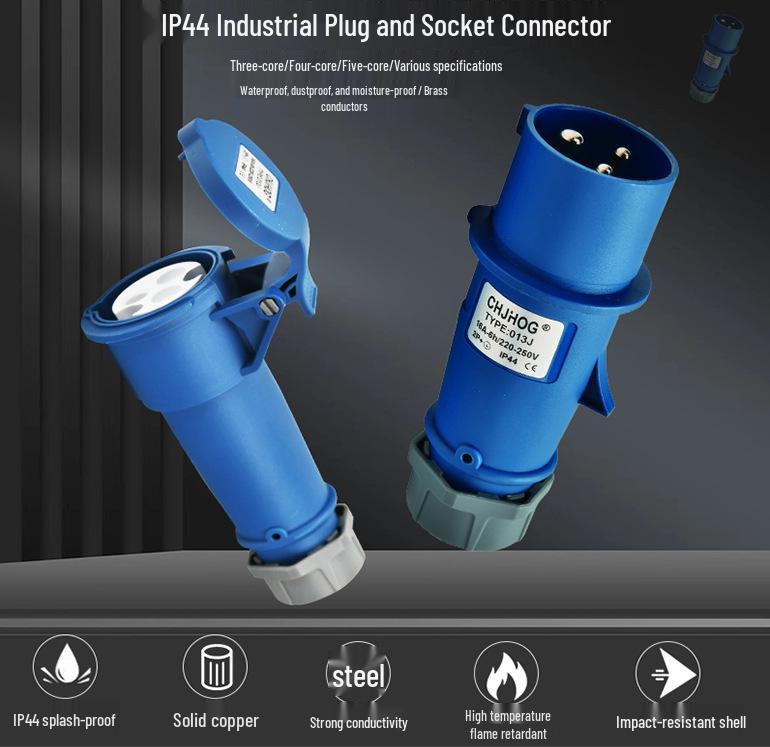 Industrial 32A 3-Pin IP44 Waterproof Plug & Socket Set, 250V Flame-Resistant Connector