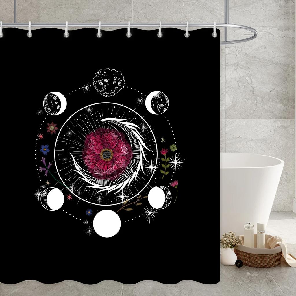 Black Mysticism Shower Curtain Liner Sun and Moon Modern Waterproof Bathroom Curtains Accessories with 12 Hooks Bathtub Curtain