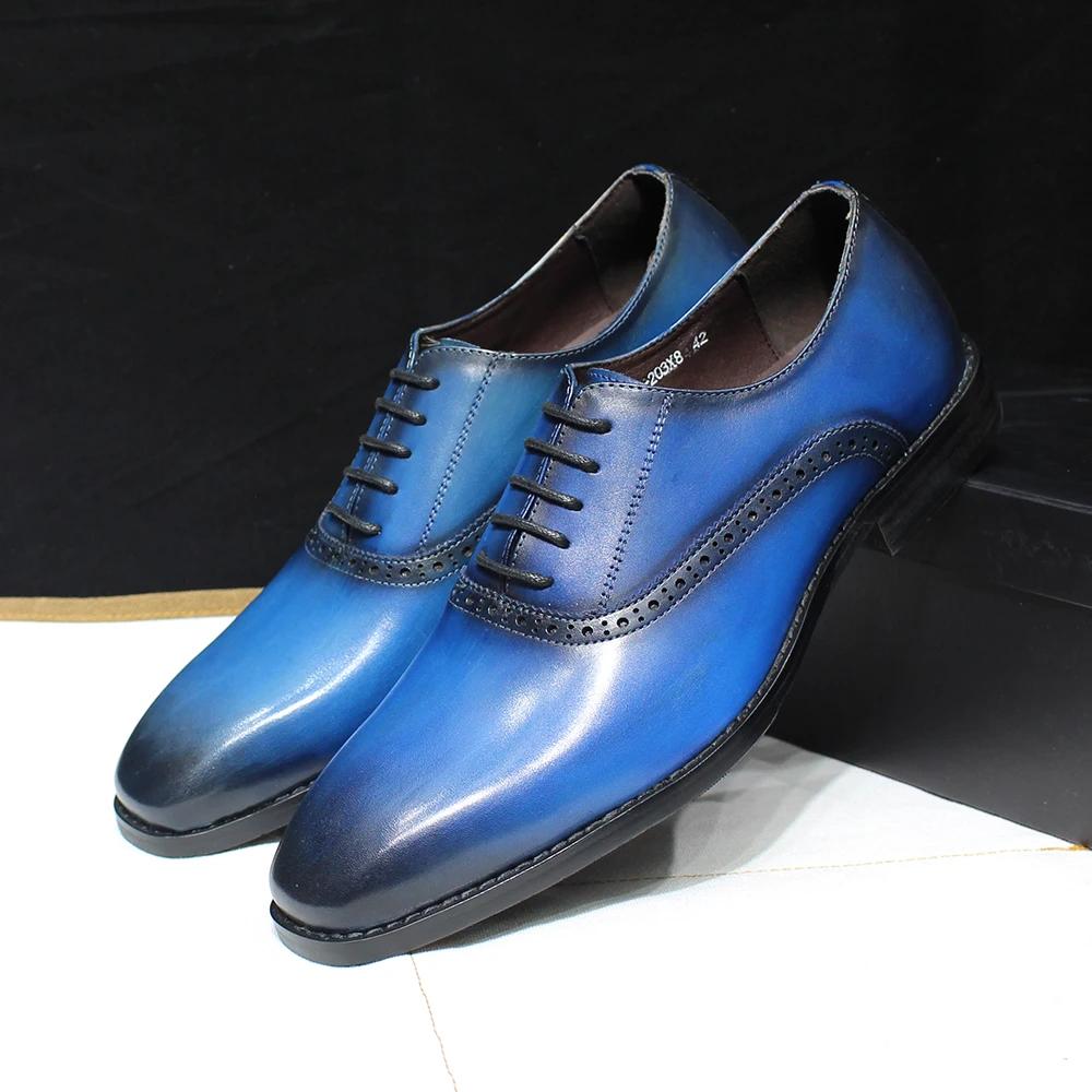 Fashion Luxury Genuine Cow Leather Men's Dress Shoes Lace-Up Oxford Pointed Toe Office Business Wedding Formal Footwear