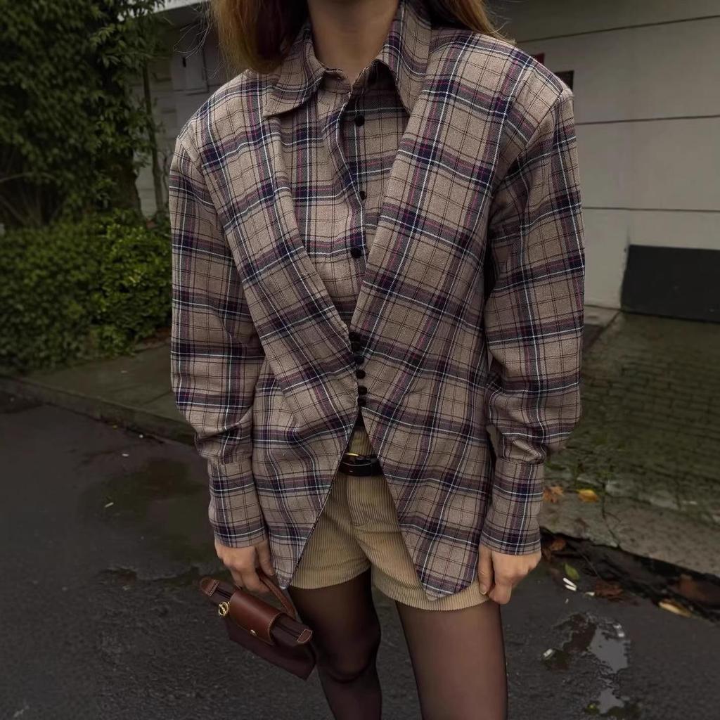 2026 Spring Collection: European & American Style Plaid Shirt - Chic, Casual, Retro Design with Waist-Cinching for a Trendy Look