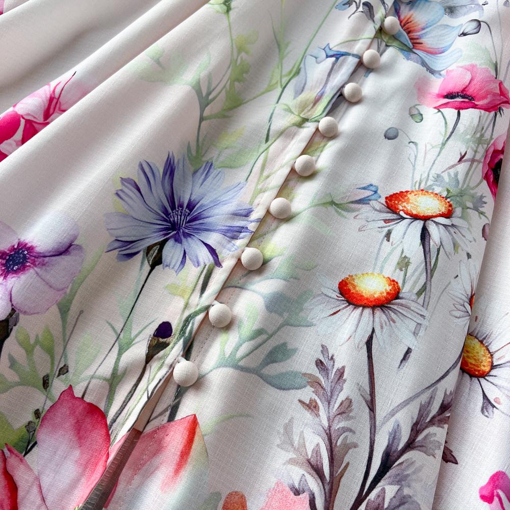 Spring Summer Fashion Vintage Flower Maxi Dress Women's Stand Collar Long Lantern Sleeve Single Breasted Floral Print Belt Slim Boho Dress