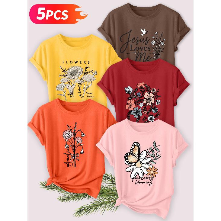 Five-piece set Elegant short-sleeved shirt for women Beach sunset print round-neck women's short-sleeve shirt suitable for spring and summer