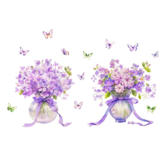 1 Pair Purple Flower Wall Sticker Peel And Stick Wildflower Butterfly Wall Decal Removable