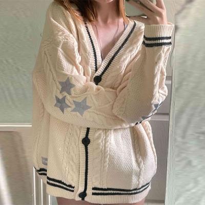 Şık Vintage Yıldız Baskı Örme Hırka Tiki Sevimli Düğme Yukarı V Yaka Uzun Kollu Ceket Sonbahar Y2K Estetik Retro Kazak