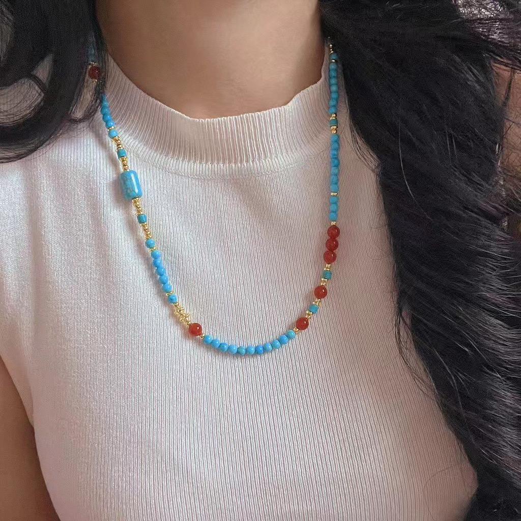 Vintage Artificial Turquoise Natural Chalcedony Collarbone Chain Necklace
