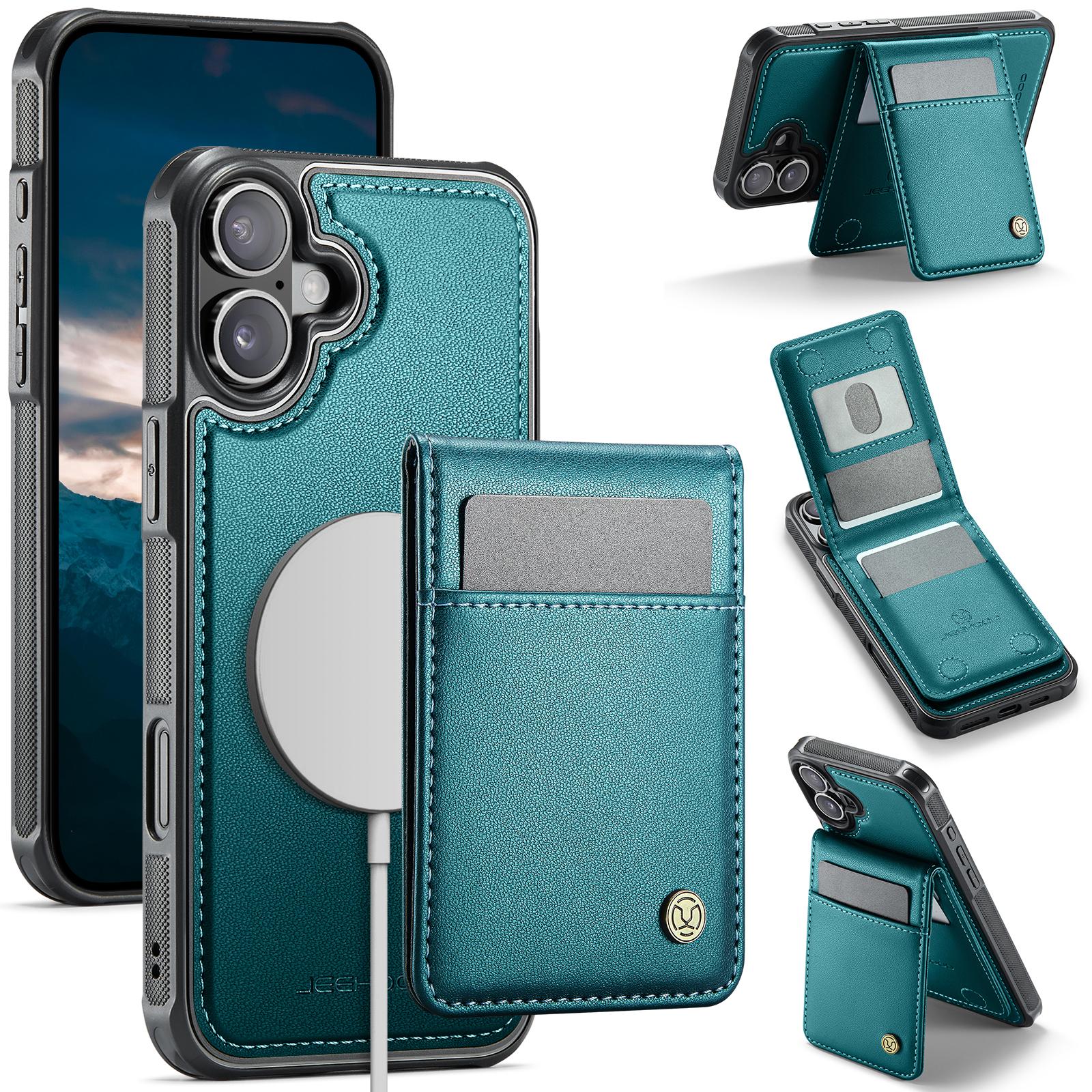 

For iPhone 16 Plus Leather Back Cover Compatible with MagSafe JEEHOOD J06 Phone Case with Card Bag RFID Blocking Blue