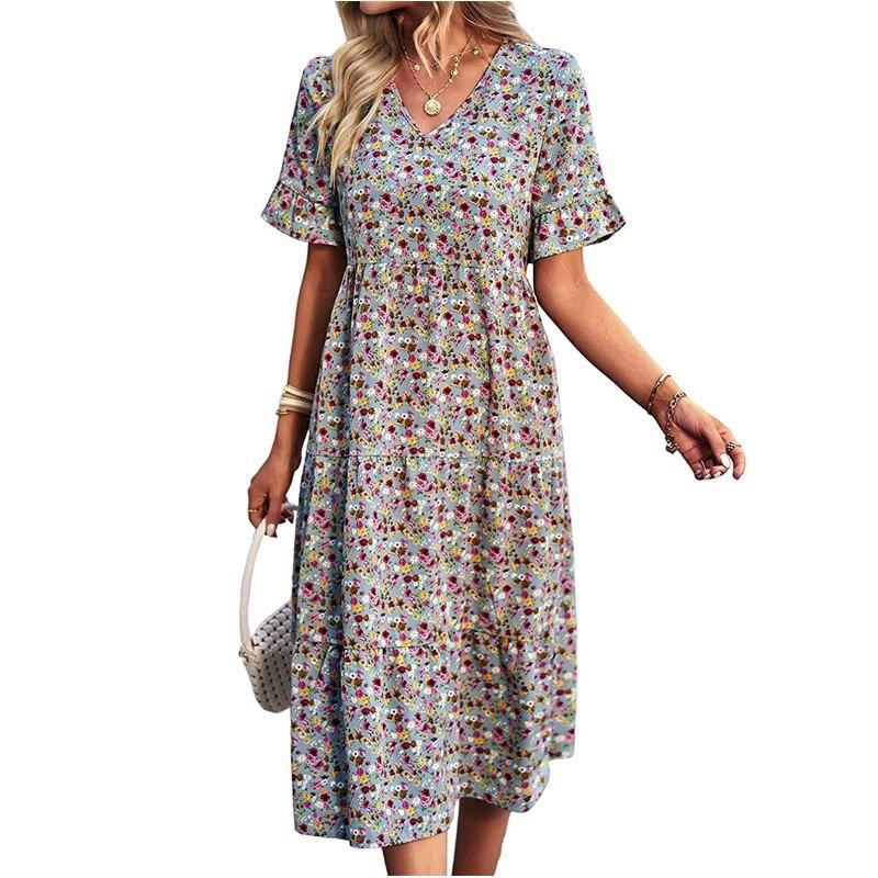 V-neck Short Sleeve Floral Printed Dress Summer Fashion Elegant Loose Long A-line Party Dresses Casual Bohemian Beach Slim Fit Elegant Clothing