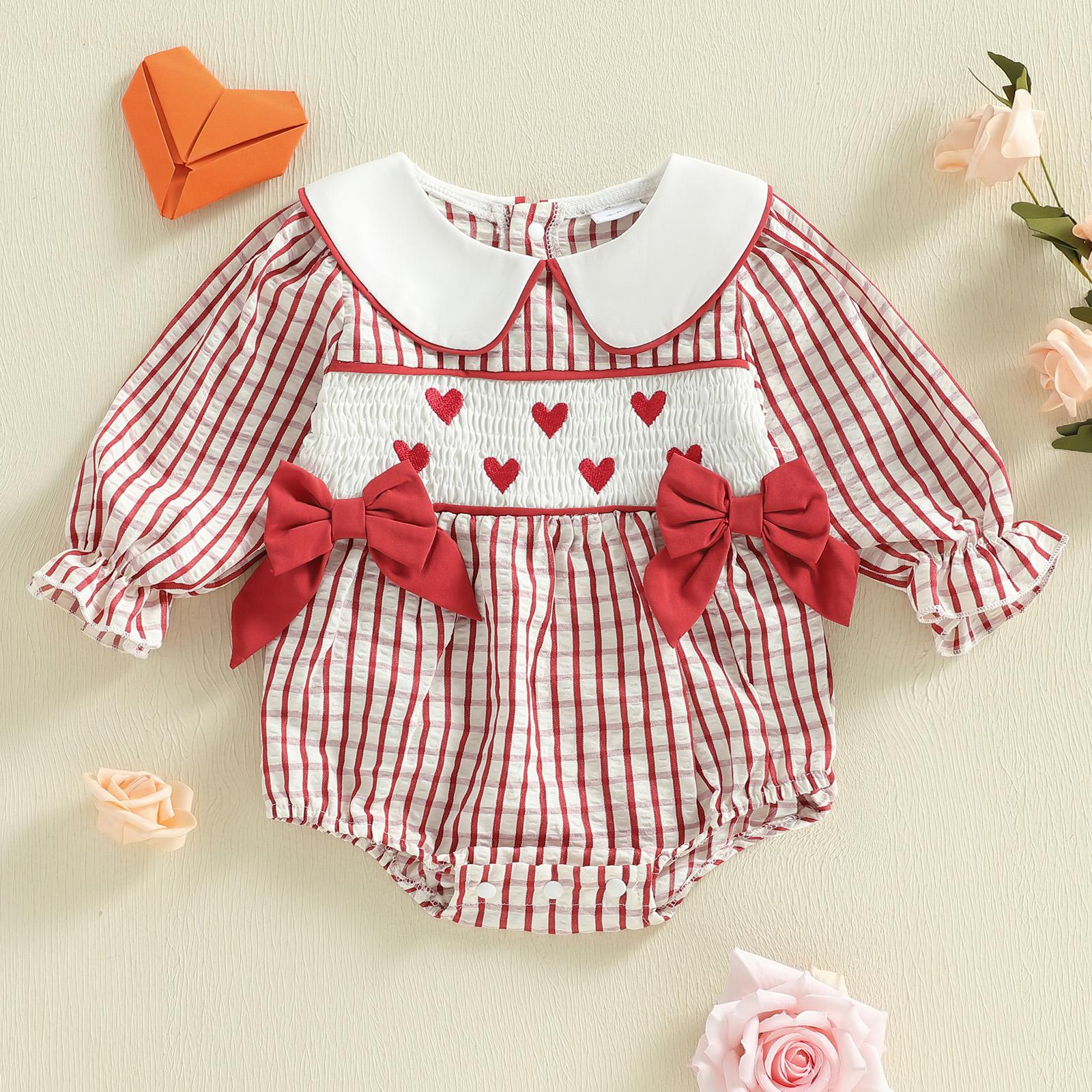 

Newborn Infant Baby Girl Rompers Long Sleeve Doll Collar Heart Embroidery Plaid Print Bow Spring Bubble Jumpsuit Cute Clothes 3M