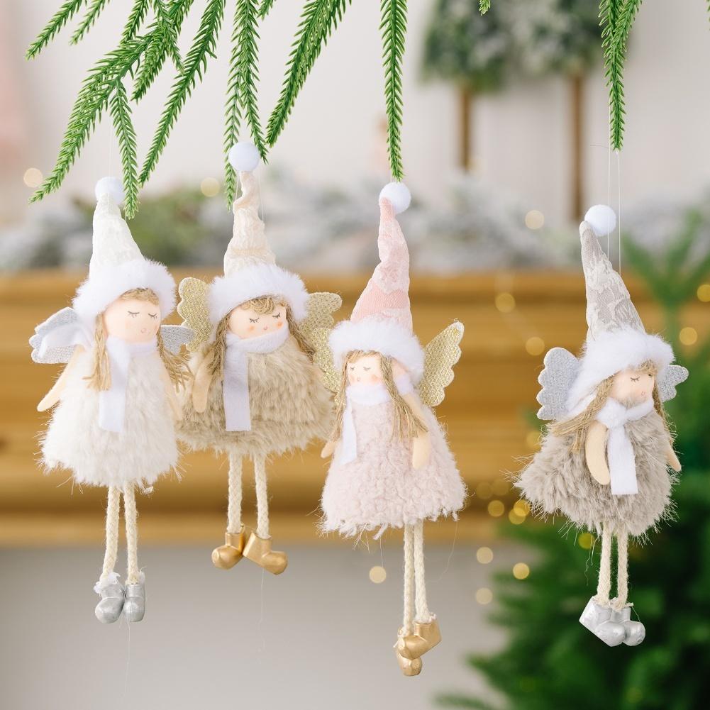 Christmas Angel Girl Hanging Decorations Set of 4 Made of Flannel with Hat and Gold Wings for Holiday Decorating