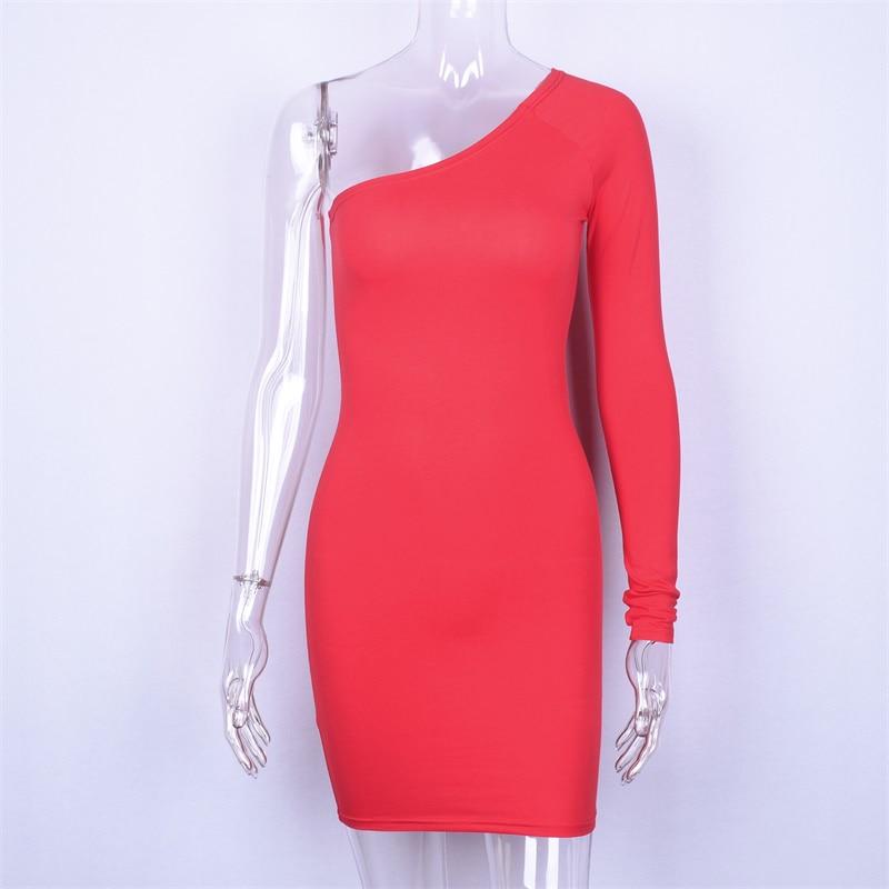 Cotton One Shoulder Slope Long Sleeve High Waist Bodycon Dresses Women Fashion Party Dress