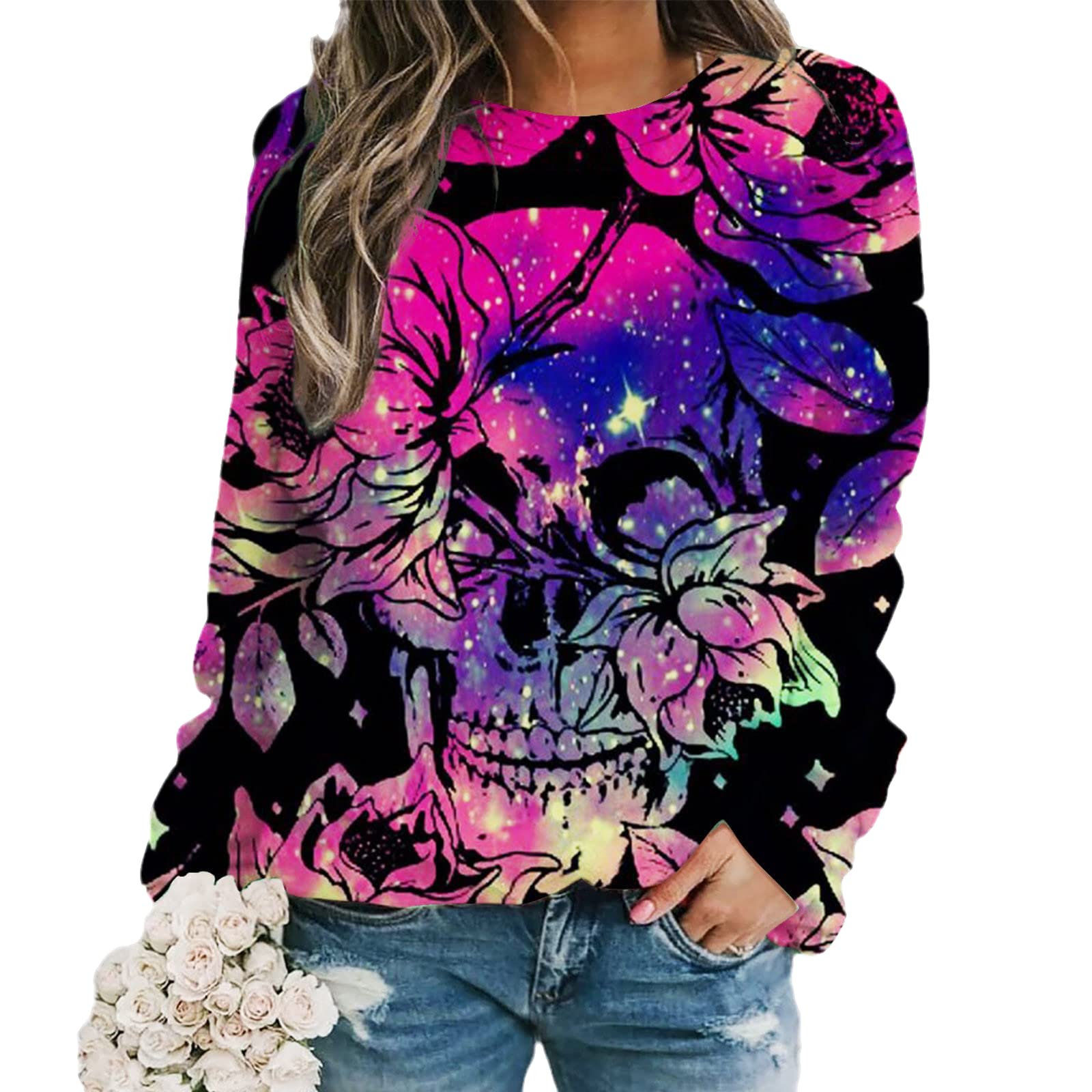 

Повседневный свитшот с принтом черепа, круглым вырезом, длинными рукавами, базовый, свободного кроя, модные женские футболки 4XL