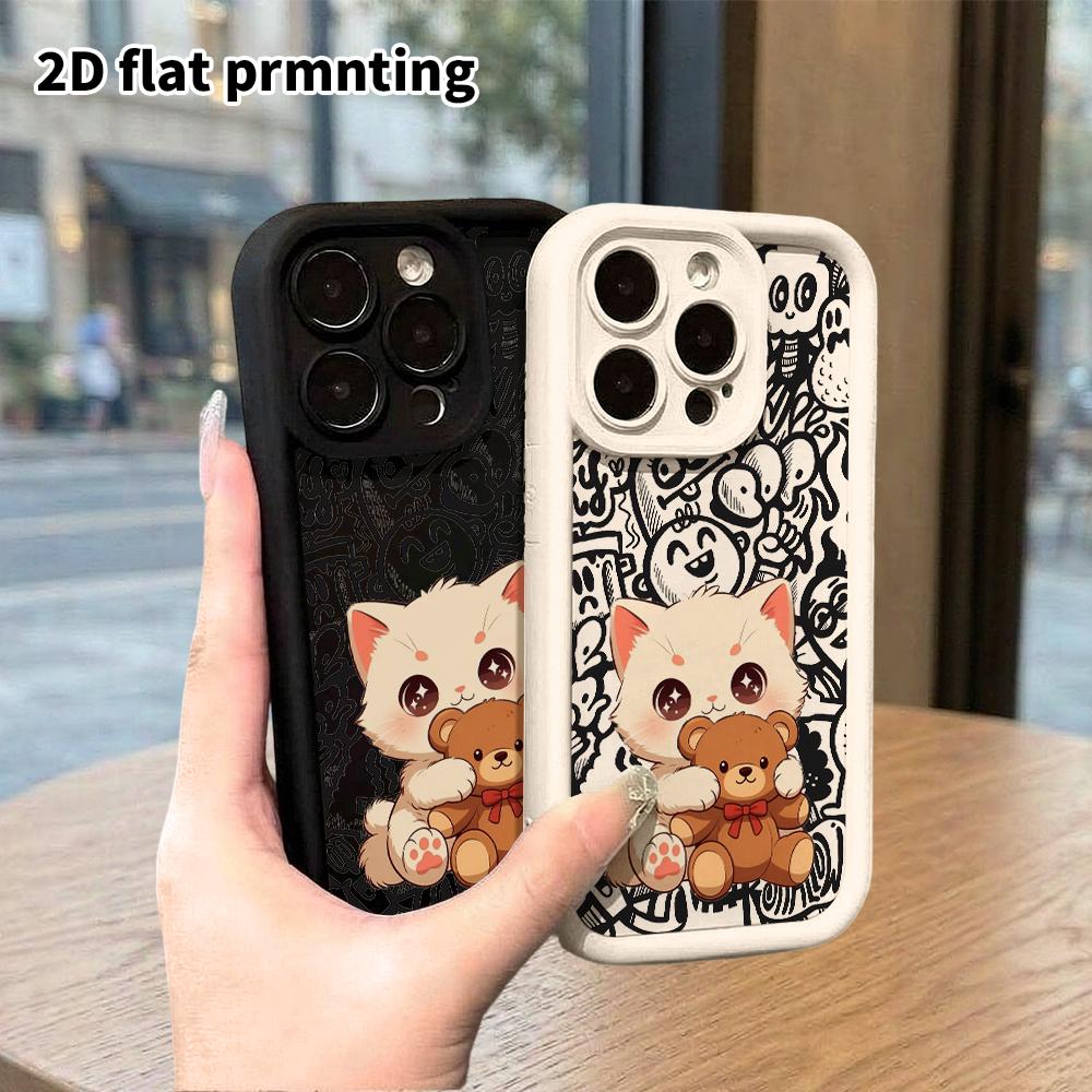 Phone Case: 2D Flat Design Suitable for iPhone 18 17 16 15 14 13 Pro Tiered Protective Case, Hugging Bear White Cat, Christmas and Halloween Gift