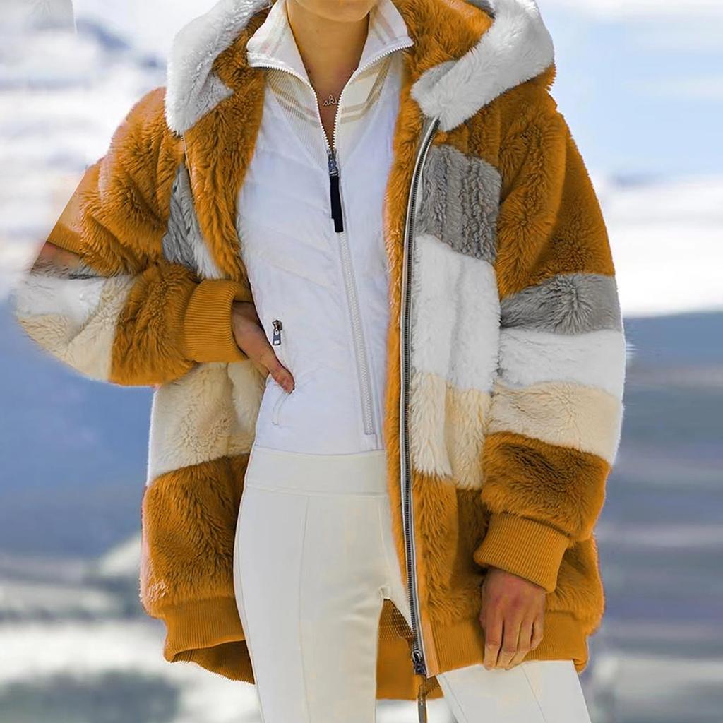 Manteau à capuche pour femmes, mode épissage, ample, peluche, manches longues, fermeture éclair, poche, hiver