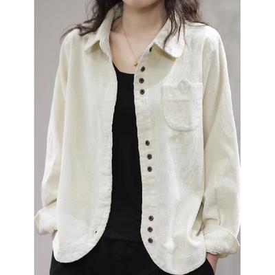 Spring Autumn New Vintage Loose Casual Cordury Shirt Ladies Pocket Fashion All-match Cardigan Top Women Long Sleeve Blouse Femme