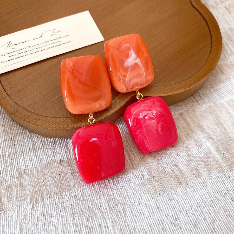 Silver needle smudged square resin pendant earrings Hong Kong style retro fashion stud earrings niche high-end earrings women