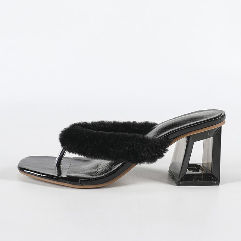 Fashion Liyke Transparent Fretwork Heels Slippers Women Fluffy Fur Strap Sandals Fashion Clip Toe Flip Flops Woman Shoes Mules Slides
