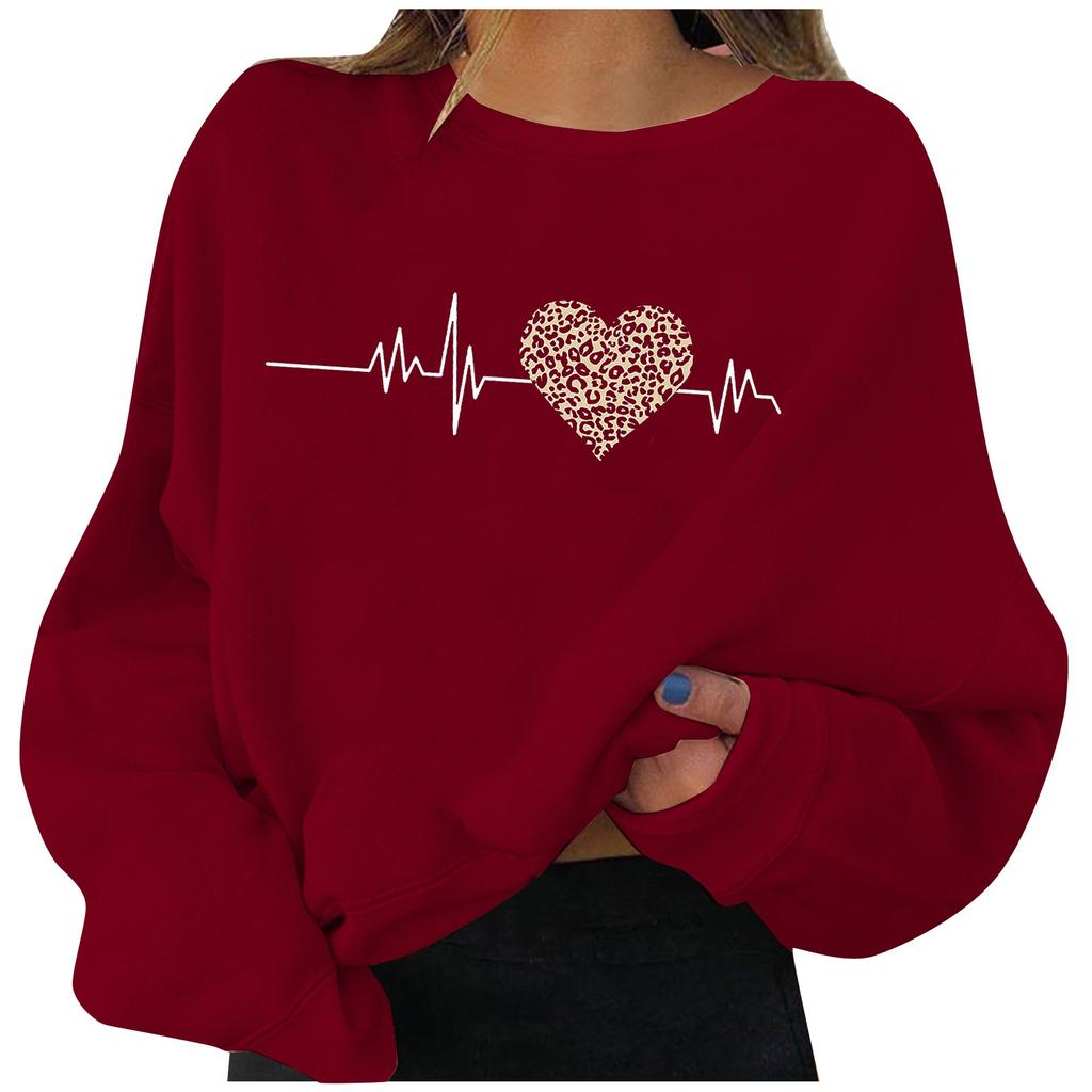 Women's Casual Valentine's Day Love Printed Round Neck Pullover Long Sleeve Top
