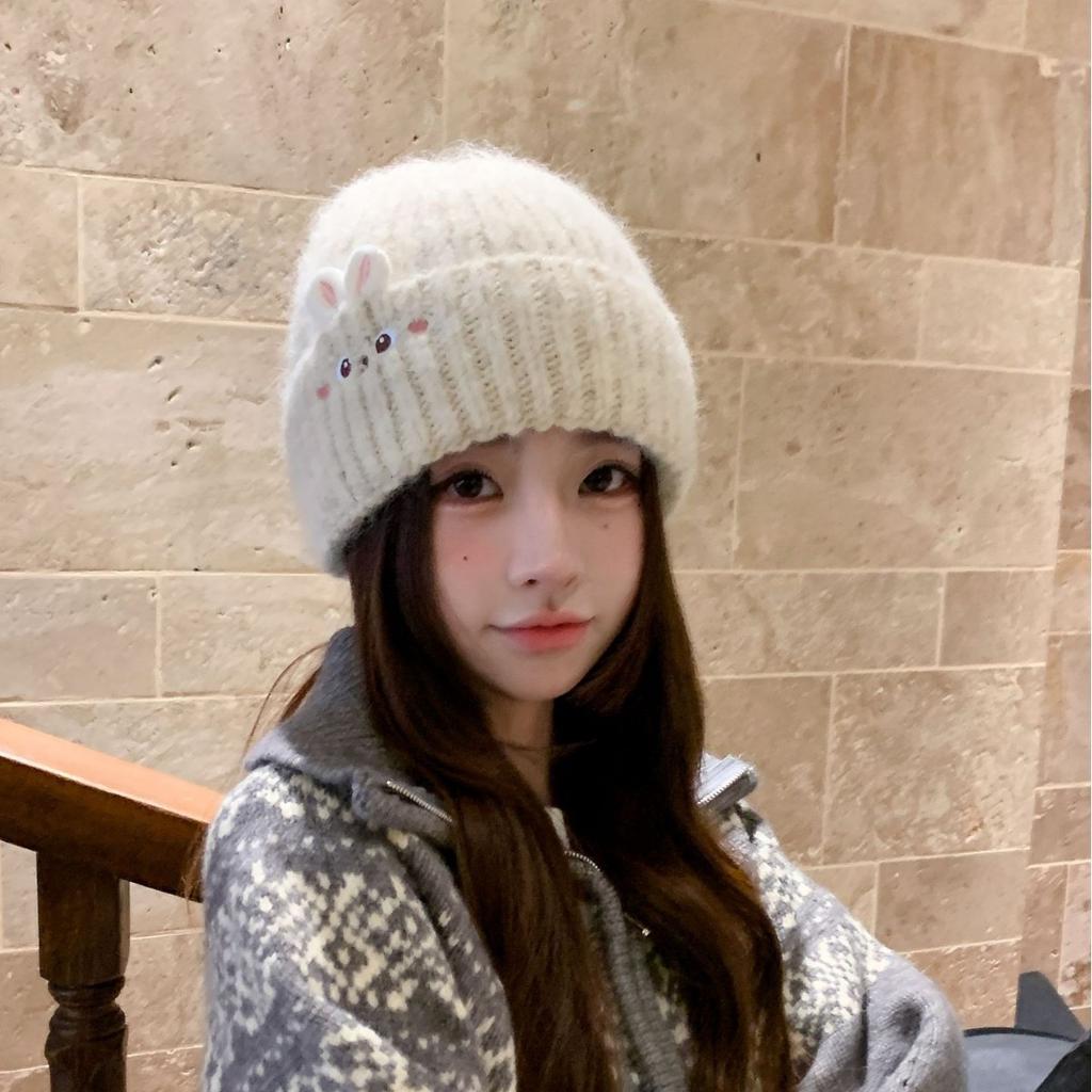 Winter Female Warm Cute Rabbit Knitted Hat Casual Versatile Thickened Warm Ear Protection Simple Wool Hat