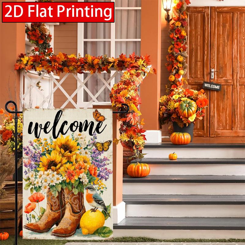 2D Flat, 2D Flat Thanksgiving Autumn Sunflowers Cowboy Boots Pumpkin Welcome Garden Flag_2 (1)- Outdoor Garden Flag Double-sided Home Decoration Court
