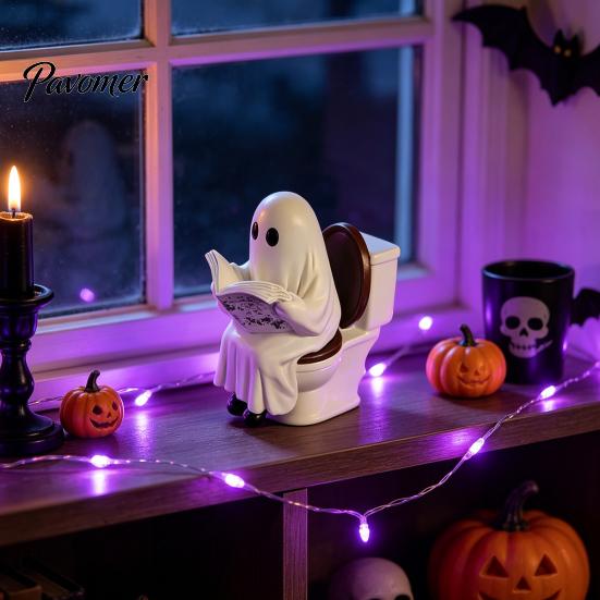 Spooky Mantel Decor Cute Halloween Ghost Figurine, Reading on Toilet Resin Statue, Whimsical Statue Funny Ornament for Tiered Tray Tabletop