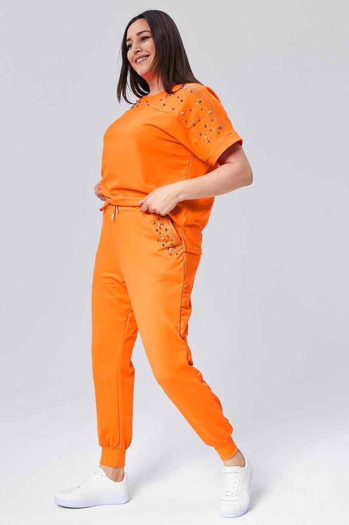 Set de trening de marime mari la moda pentru dama Set de trening de vara verde cu maneca scurta, detaliat cu piatra si margele