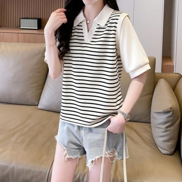 Small fake two-piece short-sleeved T-shirt striped Polo collar summer foreign style loose and versatile design top