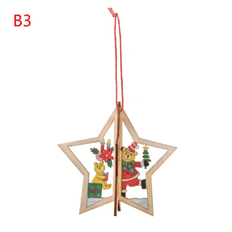 Wooden Christmas Tree Ornaments Hollow 3D Snowflake Bell Star Hanging Pendants For Home Xmas Holiday Party Decor Supplies