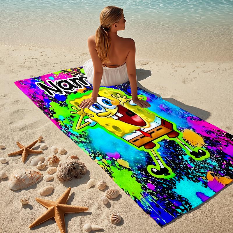 Custom Name SpongeBob Art Stylish Digital Printing Beach Towel Quick‑Drying Absorbent Blanket for Beach Pool Gym Travel