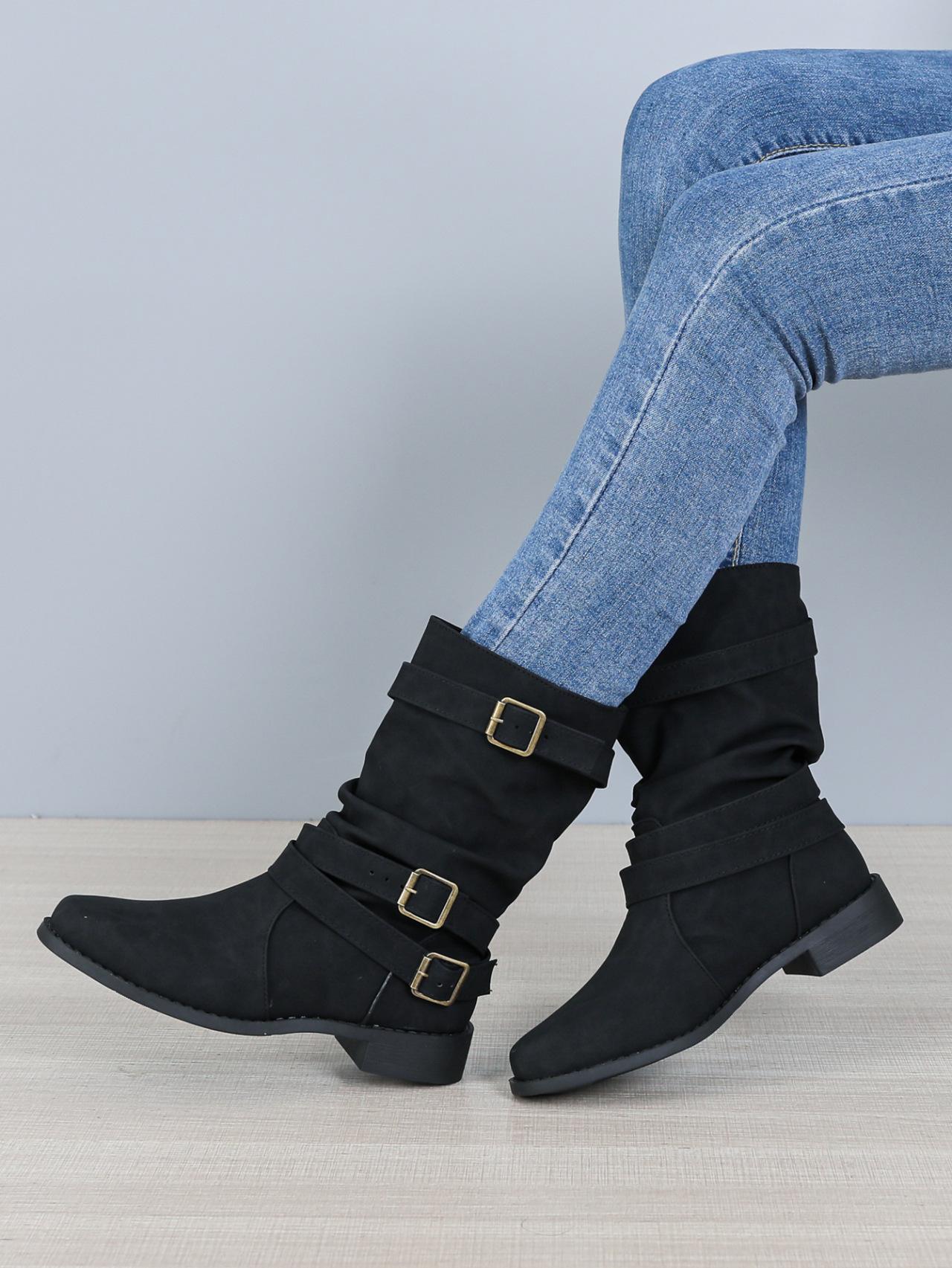 

Flat-bottomed medium boots women s autumn and winter new belt buckle knight boots round head women s large-size cigarette boots in stock 43 чорний