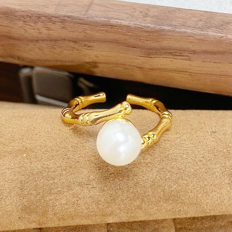 Medieval Vintage Country Tide Wind Bamboo Series Open Ring Stacked With Zircon High-End Sense Niche Index Finger Ring Woman