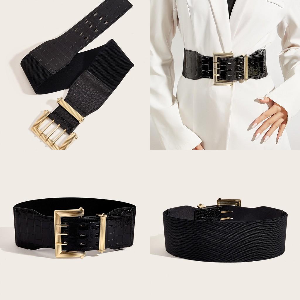 Square Metal Fashion Buckle Decorative Stone Texture Women Casual Wide Waistband